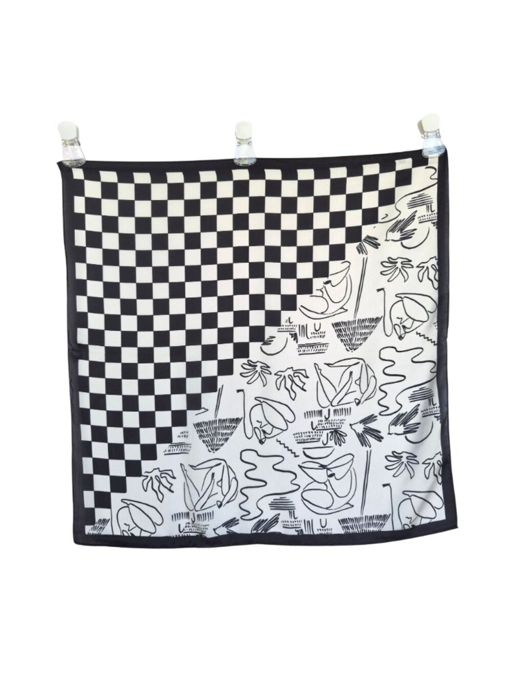 ⭐Black White Checkered Silky Satin Scarf Figural Print Luxury Square Fashion New - Picture 3 of 5